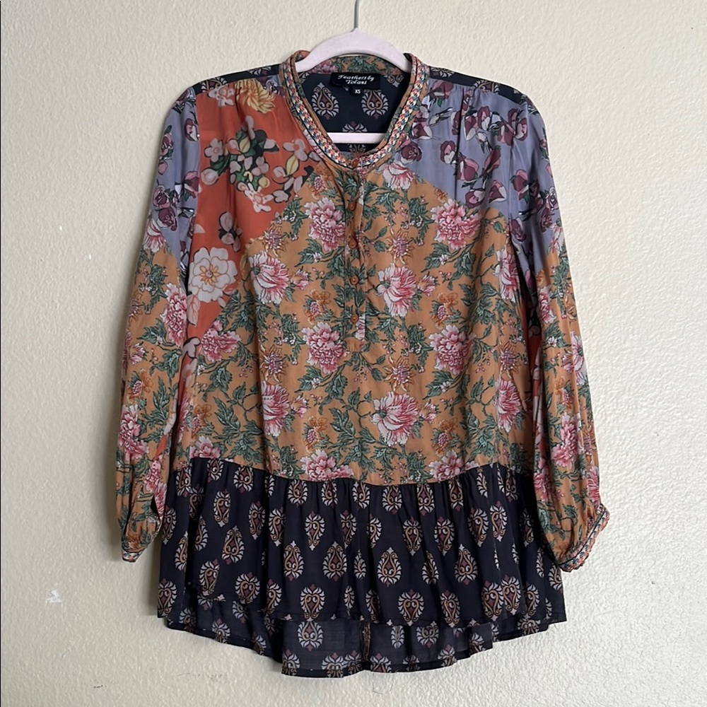 Tolani Embrordered Collar and Sleeves Floral Patchwork Blouse, XS
